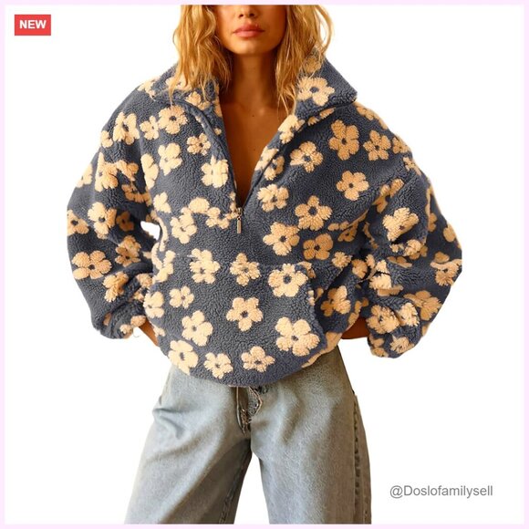Jackets & Blazers - Women's Floral Faux Fur Pullover Fleece Sweatshirt Zip Up Sherpa Jacket